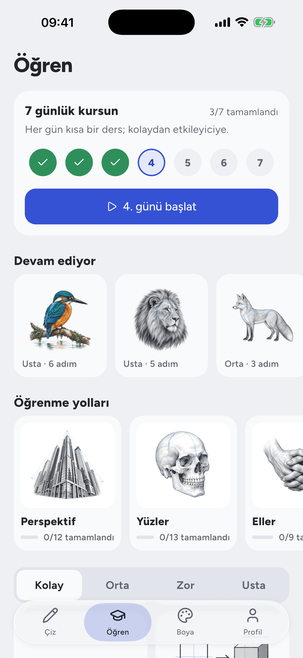 7 günlük kurs ve öğrenme yolları